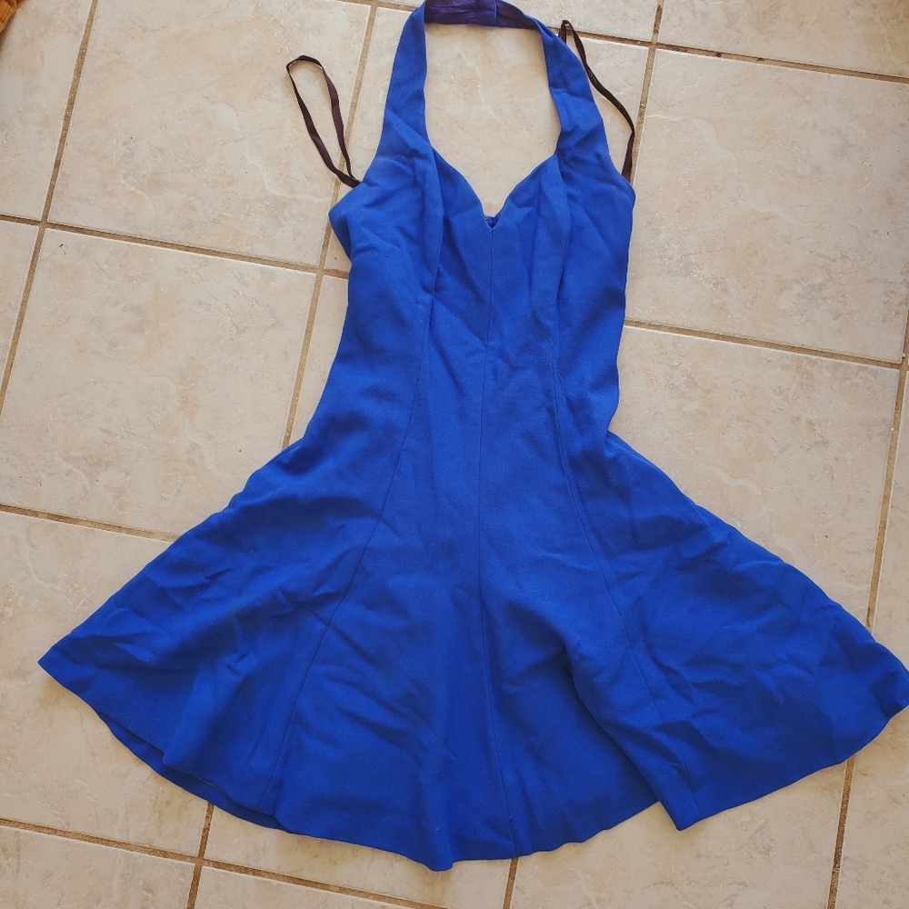 Nicole Miller Ann Taylor Royal Blue Formal Midi Halter Dress.
